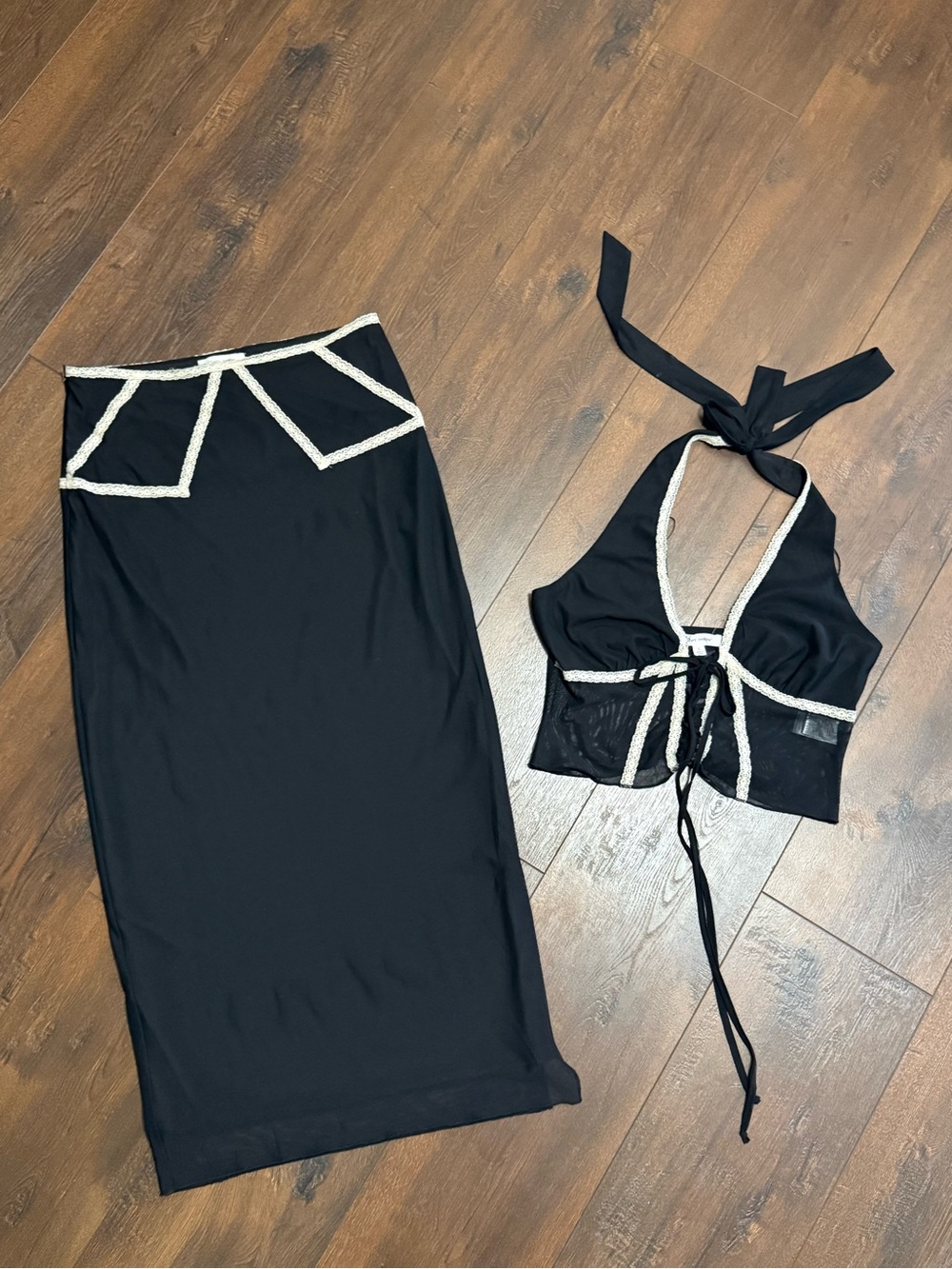 Forever 21 Black Halter Crop Top & Maxi Skirt Set with White Trim